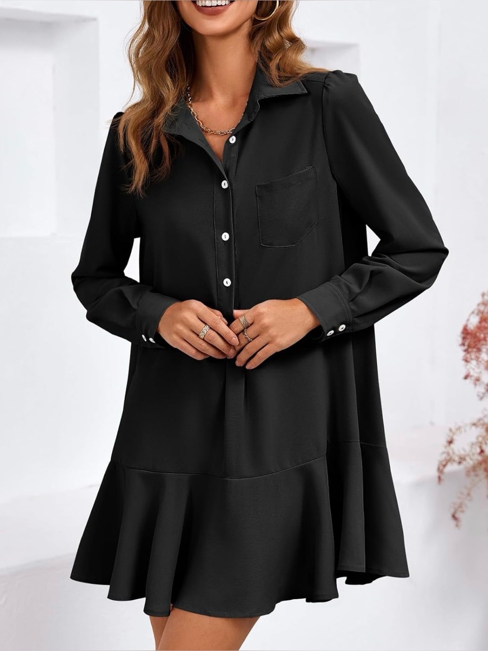 🖤 Cute Button Down Shirt Dress Black Neutral Small